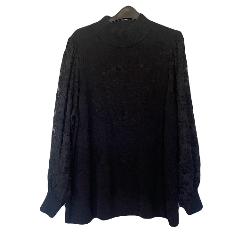 Chicos Sheer Lace Appliqué Puff Sleeve Black Mock Neck Sweater Chico’s size 3 XL